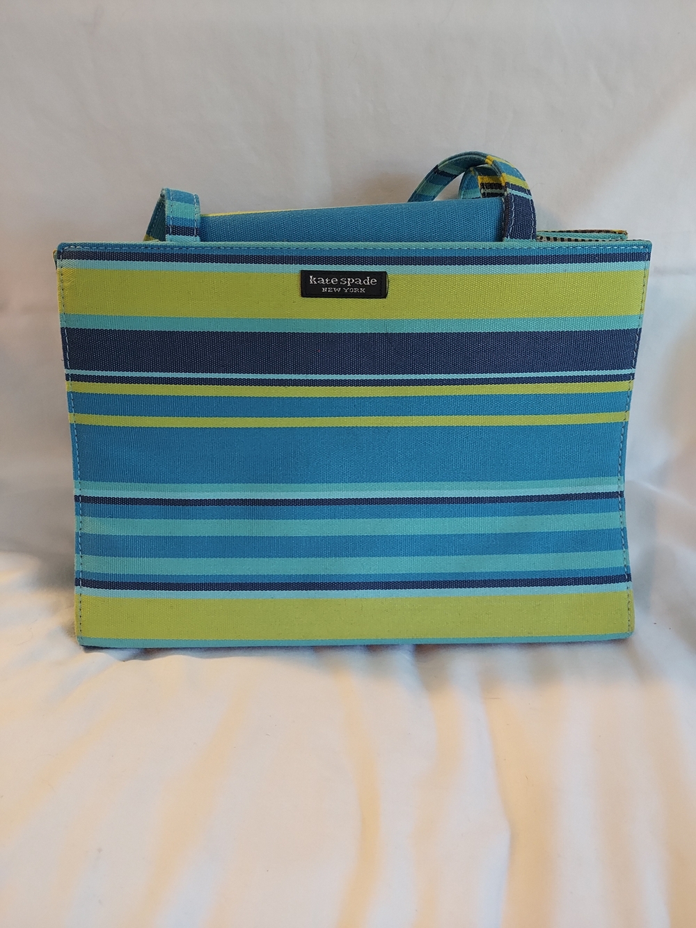 Kate Spade New York Vintage Striped Canvas Handbag Blue Lime Teal